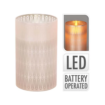 Emocio LED gyertya üvegben élethű lánggal, geometrikus forma, fehér