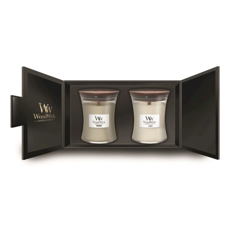 WoodWick ajándék szett - Fireside, Linen közepes üveg 2 db