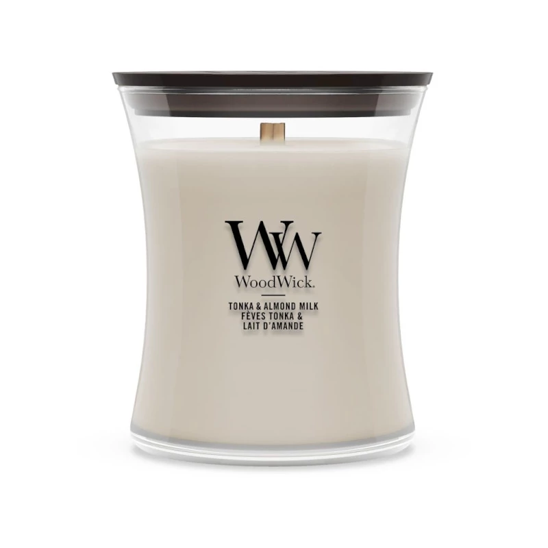 WoodWick® Tonka & Almond Milk közepes üveggyertya 275g