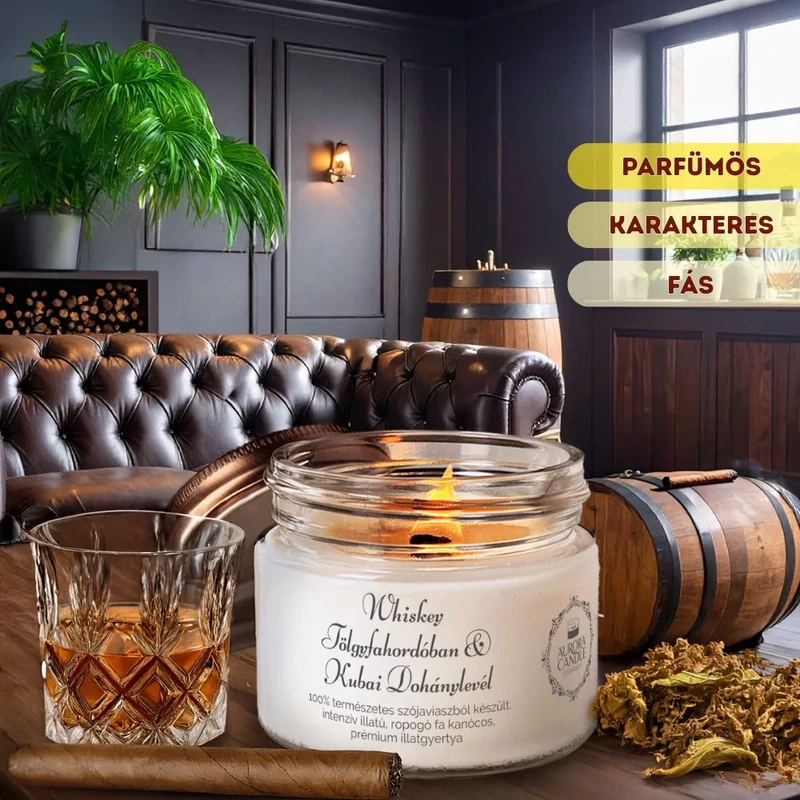 Aurora Candle Whiskey Tölgyfahordóban &amp; Kubai Dohánylevél Vintage szójaviasz illatgyertya
